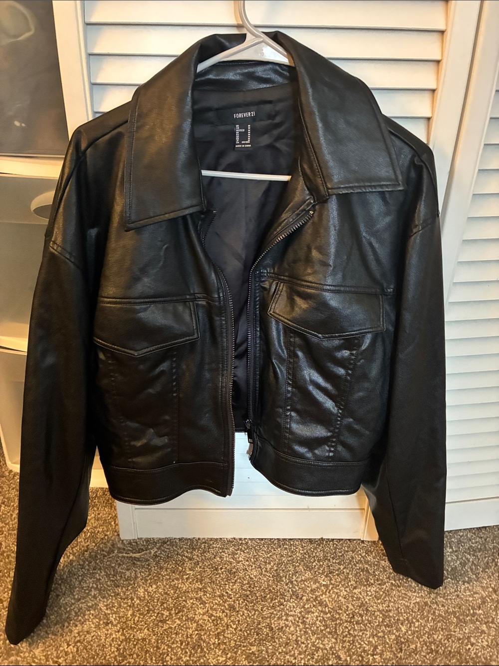 Forever 21 Black Faux Leather Bomber Jacket with Flap Pockets